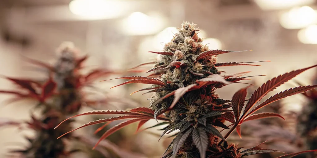 Red-hued cannabis bud surrounded by dark green leaves in a grow room.
