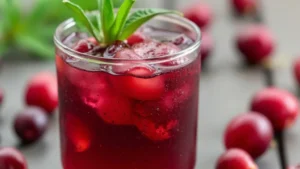 A glass of vibrant red cherry juice with ice cubes and cannabis leaves, surrounded by fresh cherries.