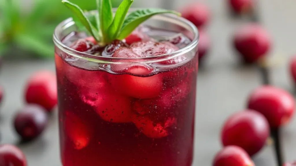 A glass of vibrant red cherry juice with ice cubes and cannabis leaves, surrounded by fresh cherries.