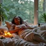 Woman relaxing on a cozy bed with candles and cannabis buds nearby.