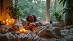Woman relaxing on a cozy bed with candles and cannabis buds nearby.