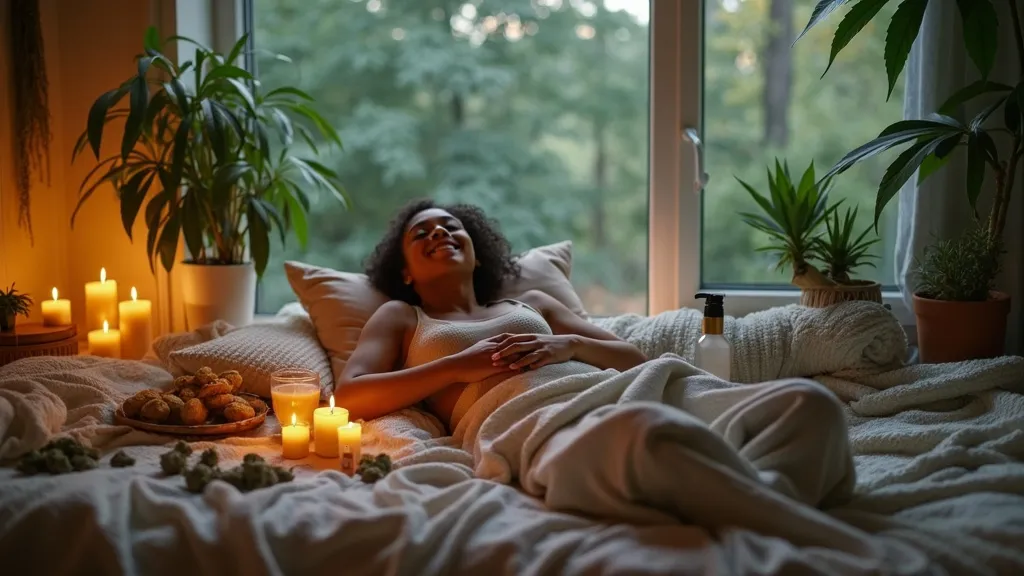 Woman relaxing on a cozy bed with candles and cannabis buds nearby.