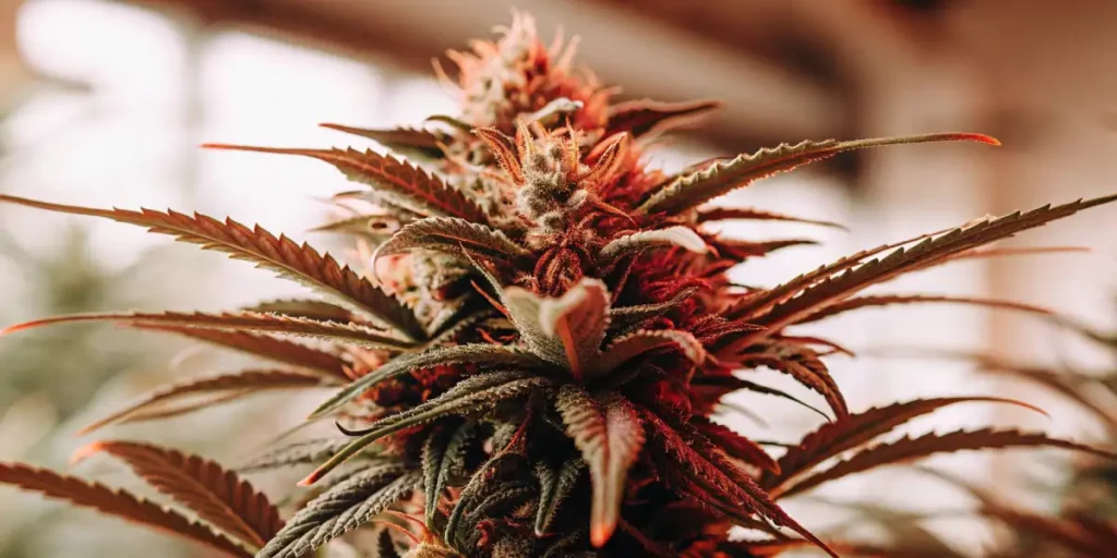 Close-up of a resin-coated cannabis bud with red pistils, illuminated by warm light.