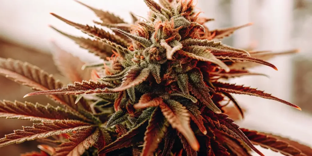 Cannabis bud with resin coating, brown hues on leaves and orange pistils, captured in soft lighting.