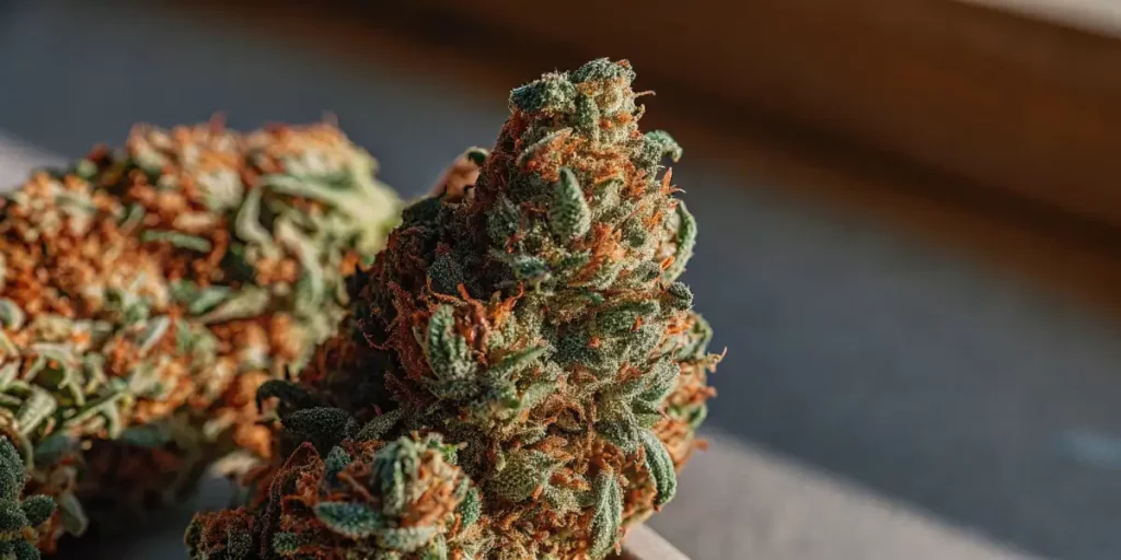 Close-up of a Skywalker cannabis bud with frosty trichomes and orange pistils.