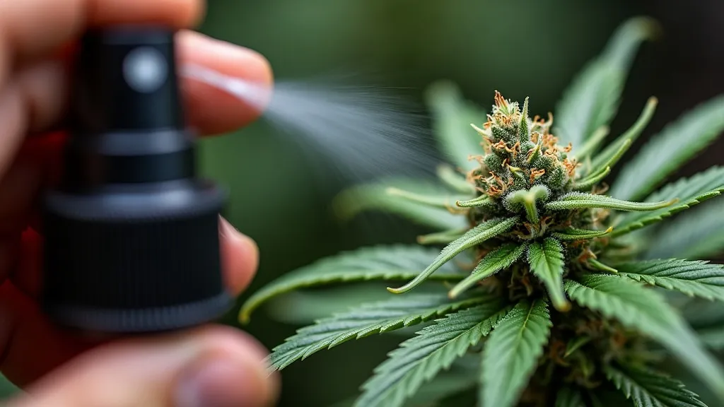Hand spraying terpene spray for bud onto a cannabis plant, focusing on enhancing flavor and aroma.