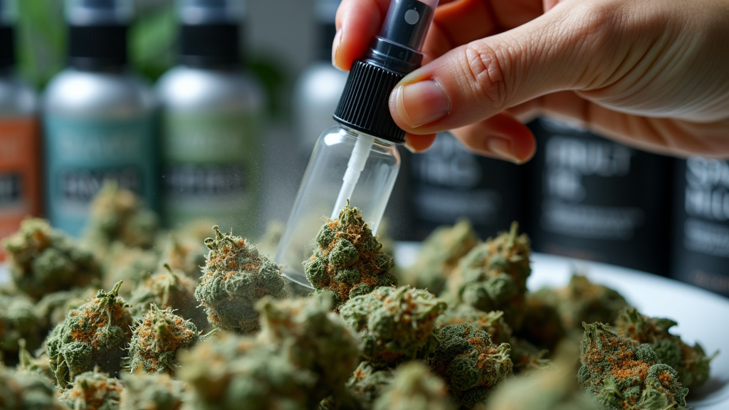 Hand spraying enhancer on a pile of harvested cannabis buds.