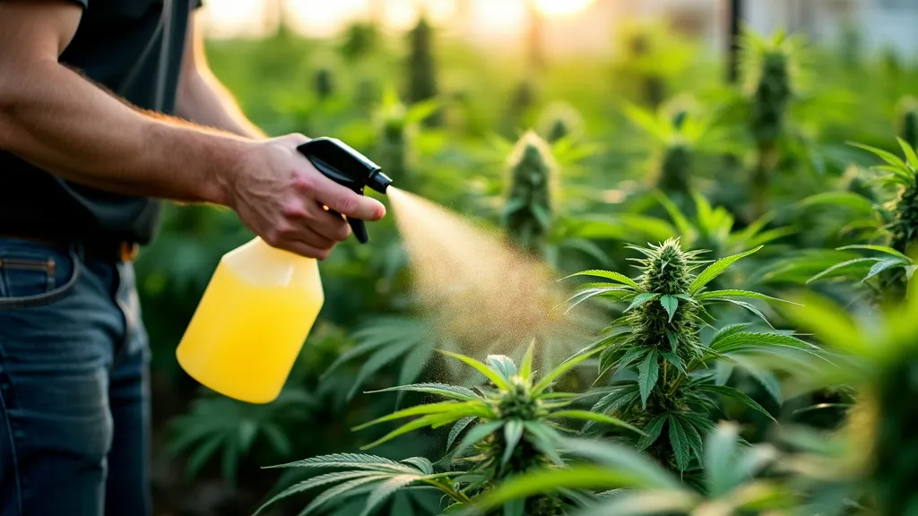 Person using a foliar spray on cannabis plants in a field at sunset, illustrating effective use of foliar spray for cannabis care.