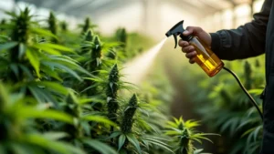 Person spraying cannabis plants with protective spray in greenhouse.