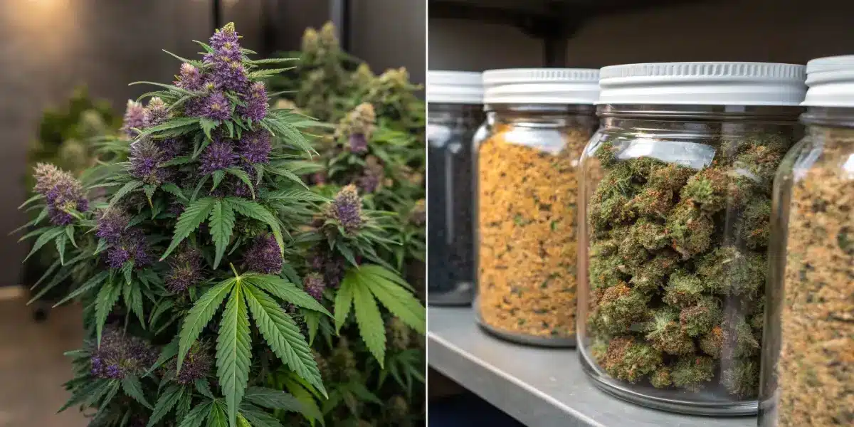 Split image: a vibrant purple cannabis plant, and jars of various processed cannabis products.