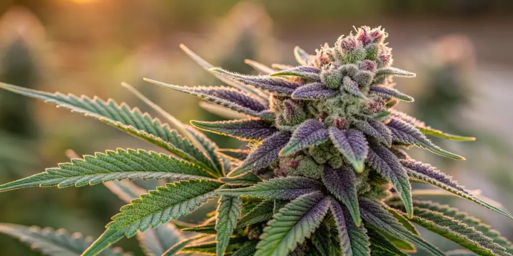Close-up of a Sugar Haze cannabis bud with frosty trichomes and vibrant purple hues.