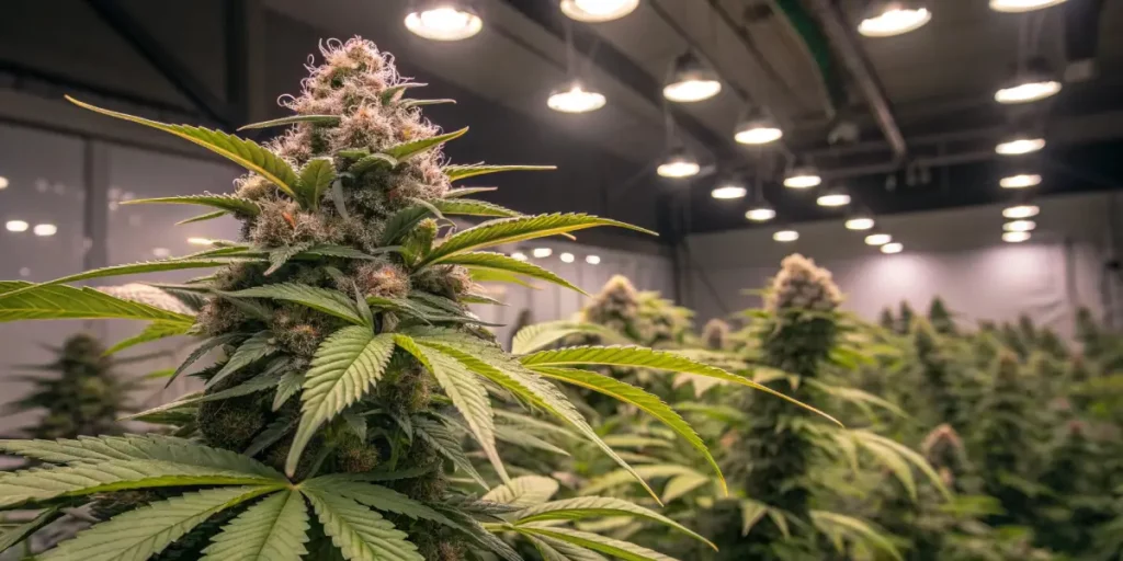 Sugar Haze cannabis plant in the flowering phase, displaying dense buds and green leaves under grow lights.