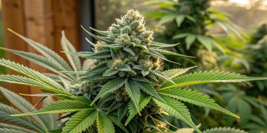 Cannabis plant growing in an outdoor greenhouse, bathed in warm sunlight.