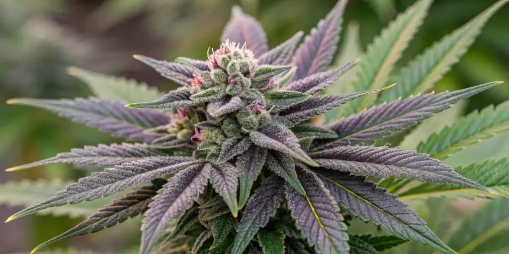 Close-up of Sweet Black Rose cannabis buds with purple leaves and frosty trichomes, highlighting their vibrant and unique appearance.