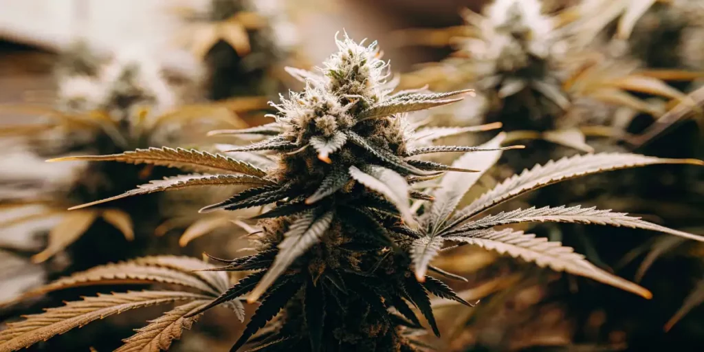 Close-up of a Sweet Black Rose cannabis bud with purple and green tones under soft lighting.