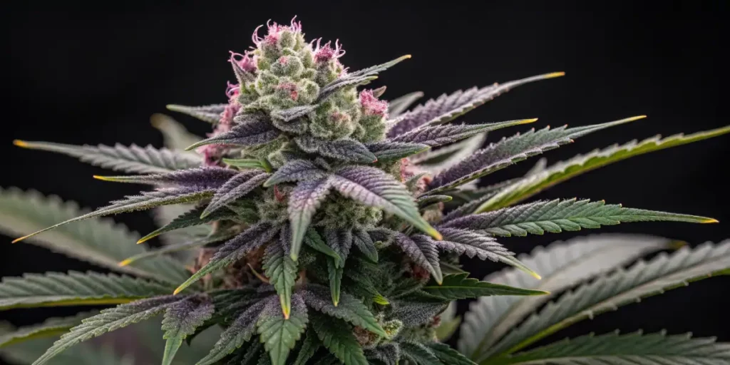 Sweet Black Rose cannabis plant with dark purple hues and frosty trichomes, showcasing vibrant buds and leaves.