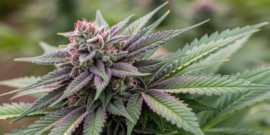 Close-up of a Sweet Black Rose cannabis plant with purple hues, resin-covered buds, and vibrant green leaves.