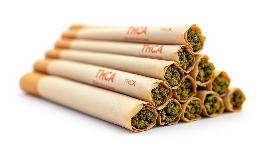 Stacked THCA cannabis pre-rolls on a white background, showcasing THCA label on each roll.