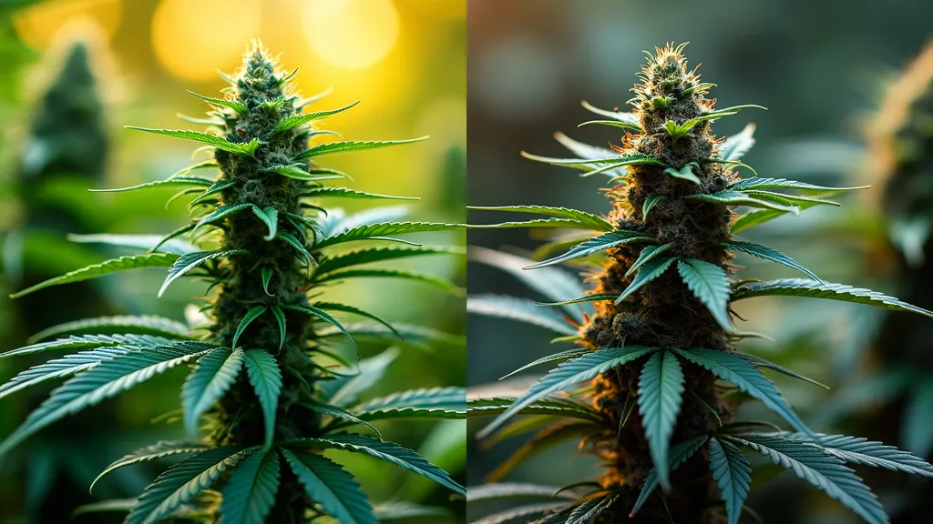 Two cannabis plants at different growth stages, illuminated by warm evening light, emphasizing the calming and relaxing energy of each strain.