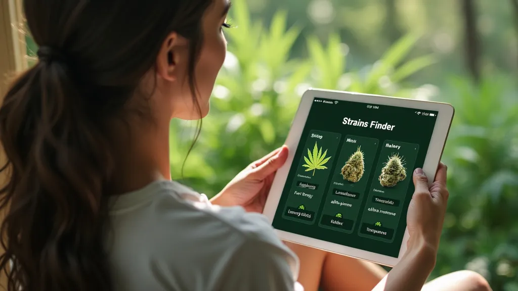 Woman using a strain finder app on a tablet, selecting strains categorized by energy and relaxation, with a serene green backdrop."