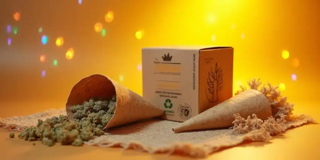 Eco-friendly hemp cones filled with cannabis buds placed beside recyclable packaging, showcasing the best hemp cones for weed.