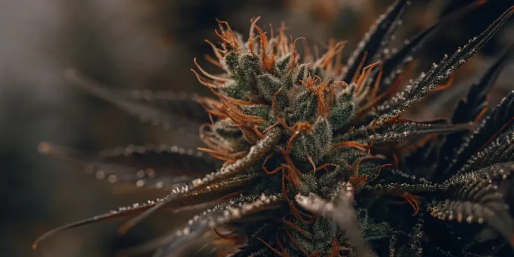 Close-up of White Runtz weed with dense buds and frosty trichomes on dark background.