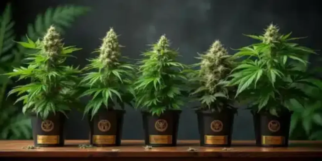 award-winning cannabis plants in black pots with gold labels