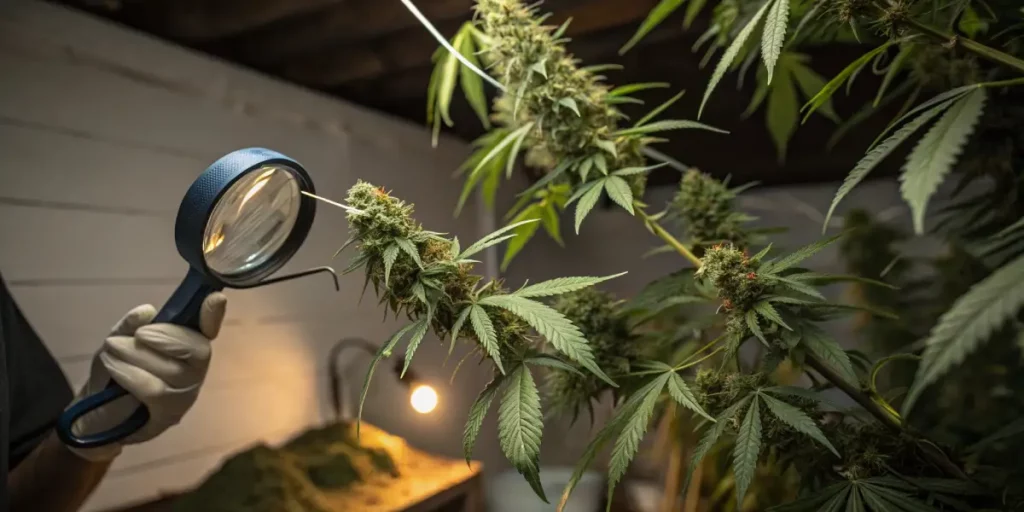 Close-up of cannabis bud being examined with a magnifying glass, revealing fine details of the plant.