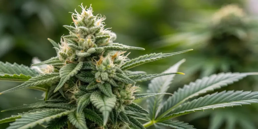Cannabis bud in full bloom with trichomes covering the dense flowers, growing under optimal light.