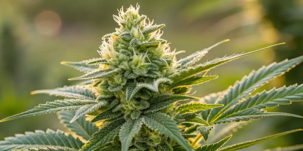 Close-up of cannabis bud with thick trichomes, glowing under the morning sunshine.