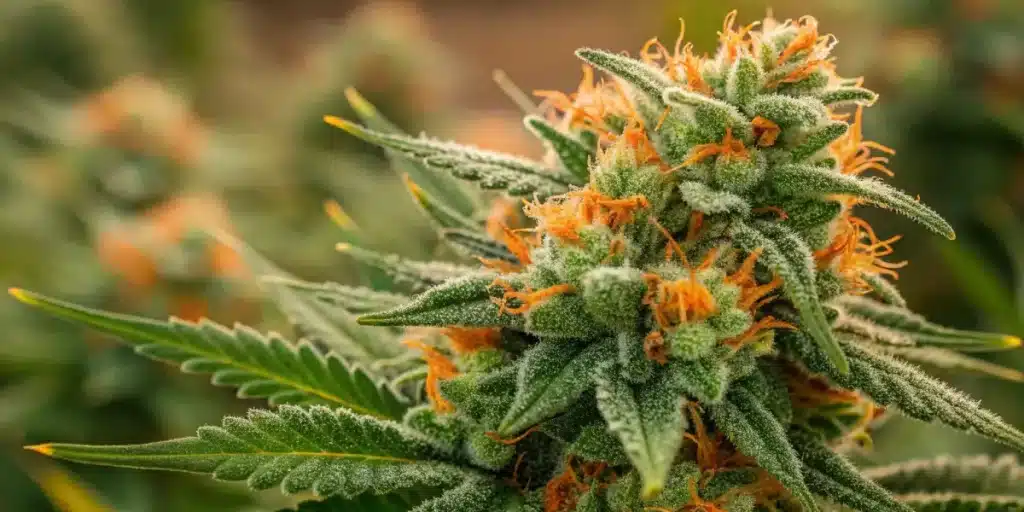 Cannabis plant in full bloom with resinous buds and healthy green leaves, under bright light.