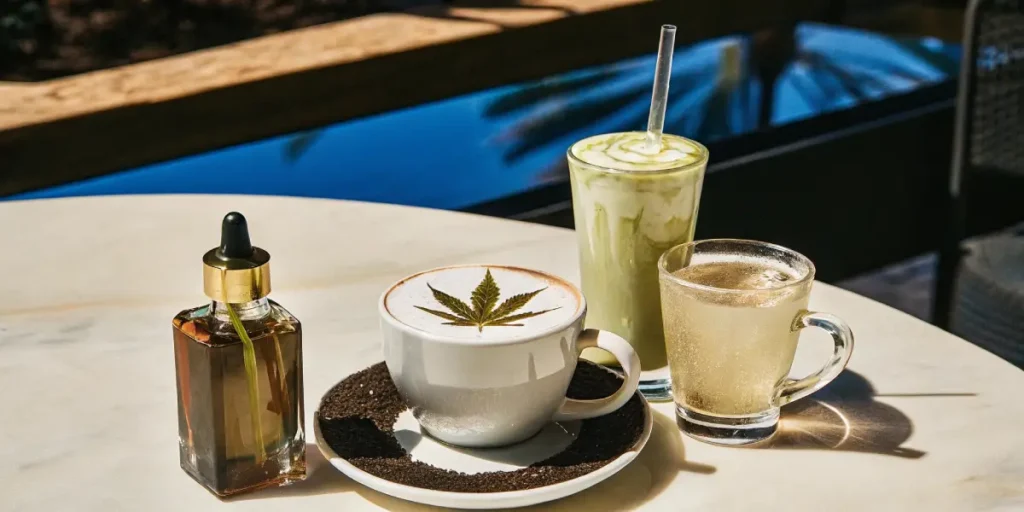 Assortment of cannabis drinks with latte art, iced matcha, hot tea, and cannabis oil dropper on white table