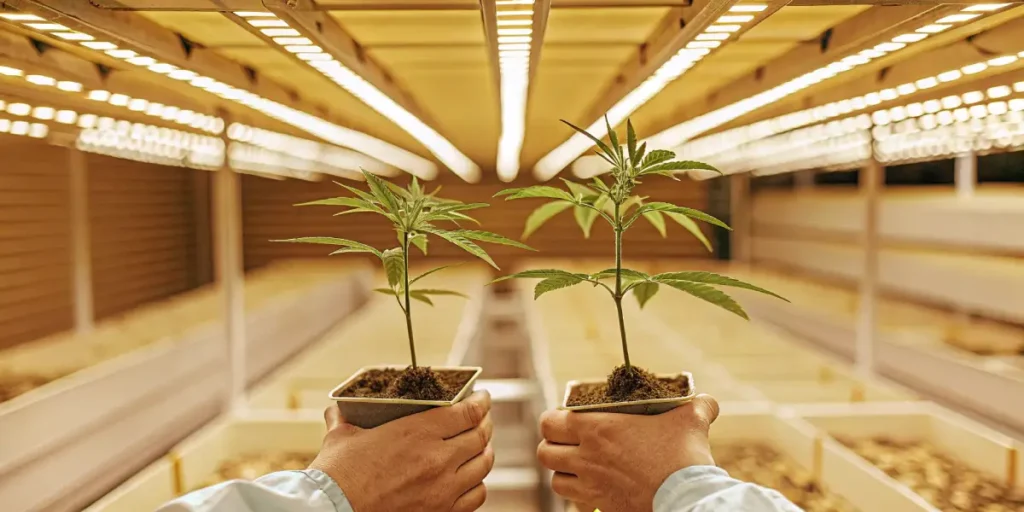 young cannabis clones being held under bright LED grow lights in a laboratory environment