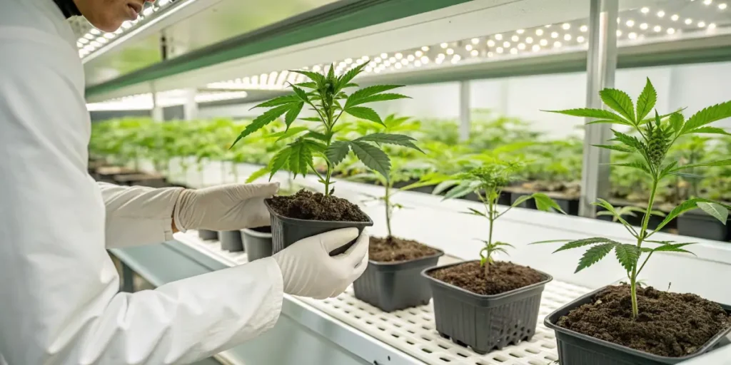 scientist handling cannabis clones under LED lights in an indoor growing lab