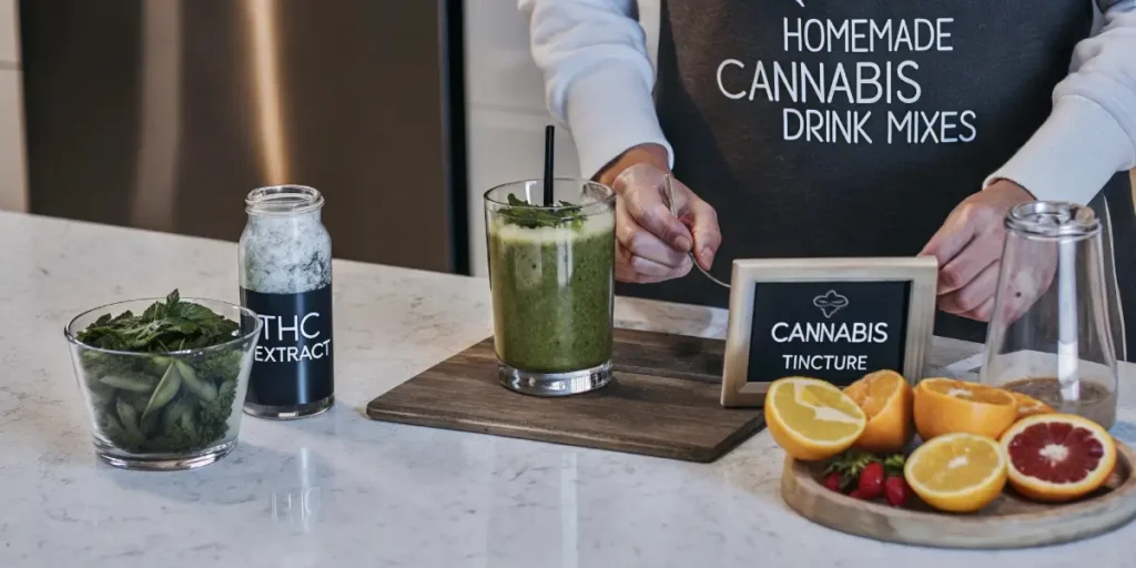 Person preparing a cannabis smoothie with THC extract and fresh herbs in a modern kitchen
