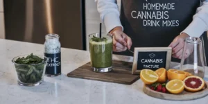 Person preparing a cannabis smoothie with THC extract and fresh herbs in a modern kitchen
