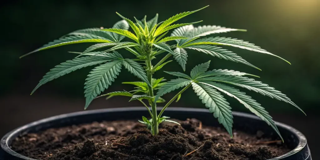 Cannabis plant in soil showing healthy growth with leaves during the early stages of development.