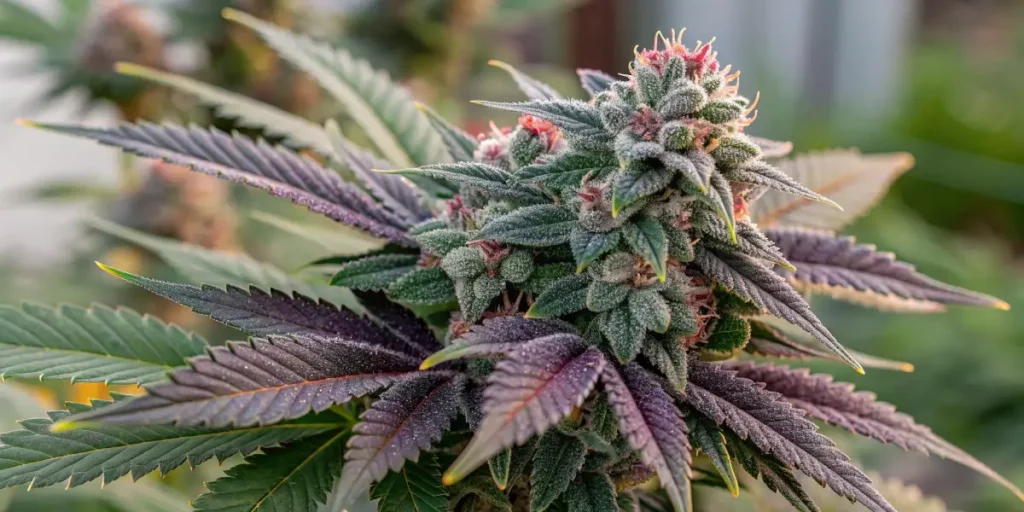 Close-up of Cherry Runtz weed strain in the flowering stage with resin-coated buds and purple leaves
