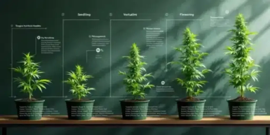 cannabis growth stages displayed from seedling to flowering in labeled pots
