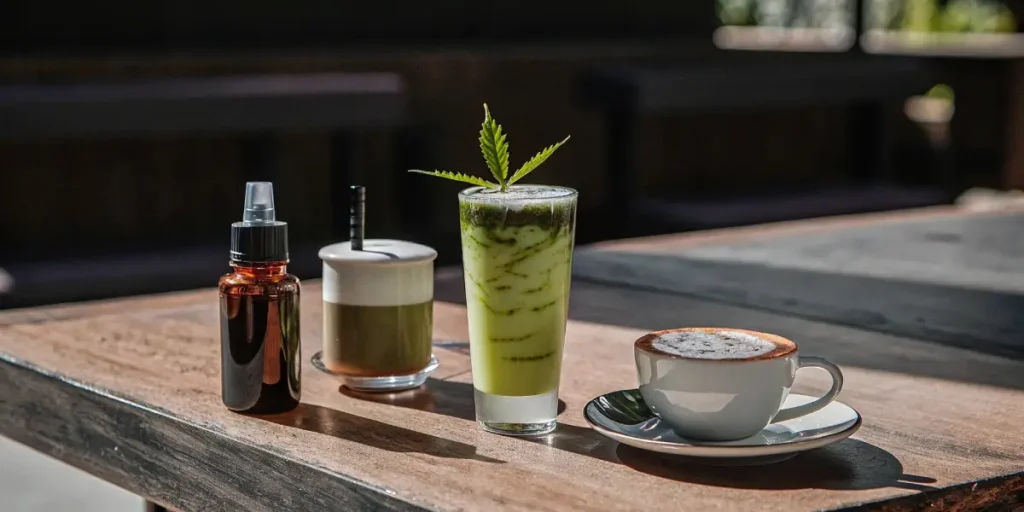 Cannabis-infused drinks including a cappuccino, iced latte, and tincture bottle on a sunny outdoor table