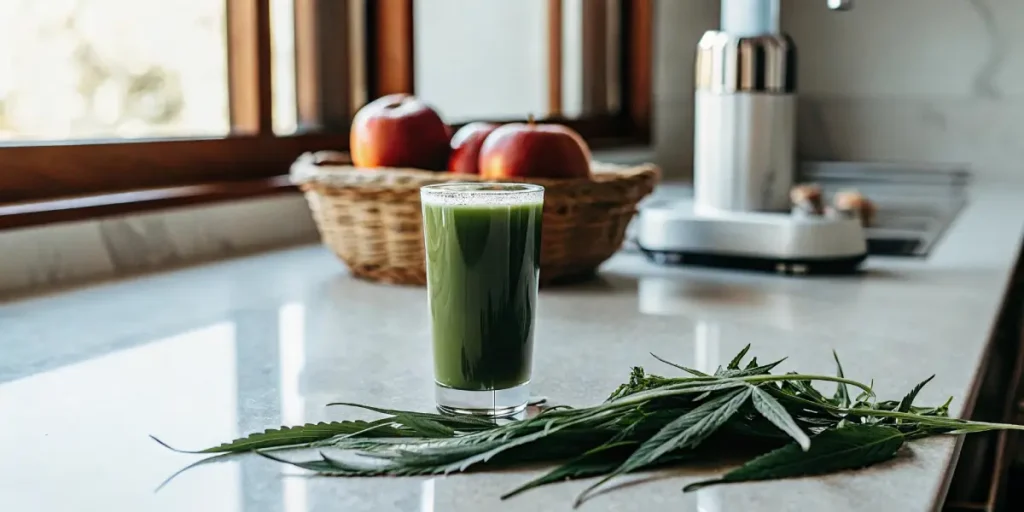 Glass of cannabis juice with apple and leaves on kitchen counter near blender