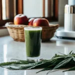 Glass of cannabis juice with apple and leaves on kitchen counter near blender