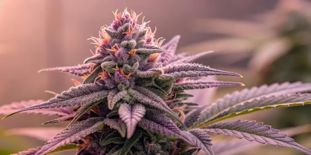 Cannabis plant in the flowering phase with purple hues, coated with trichomes and surrounded by vibrant green leaves