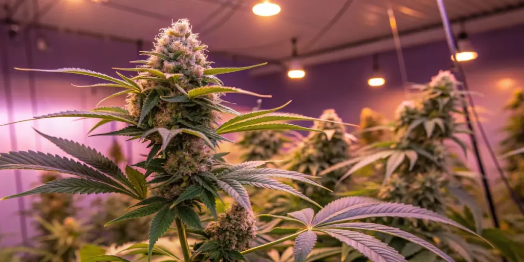 Close-up of cannabis buds in the flowering stage under controlled grow lights, showcasing dense, resin-covered buds.