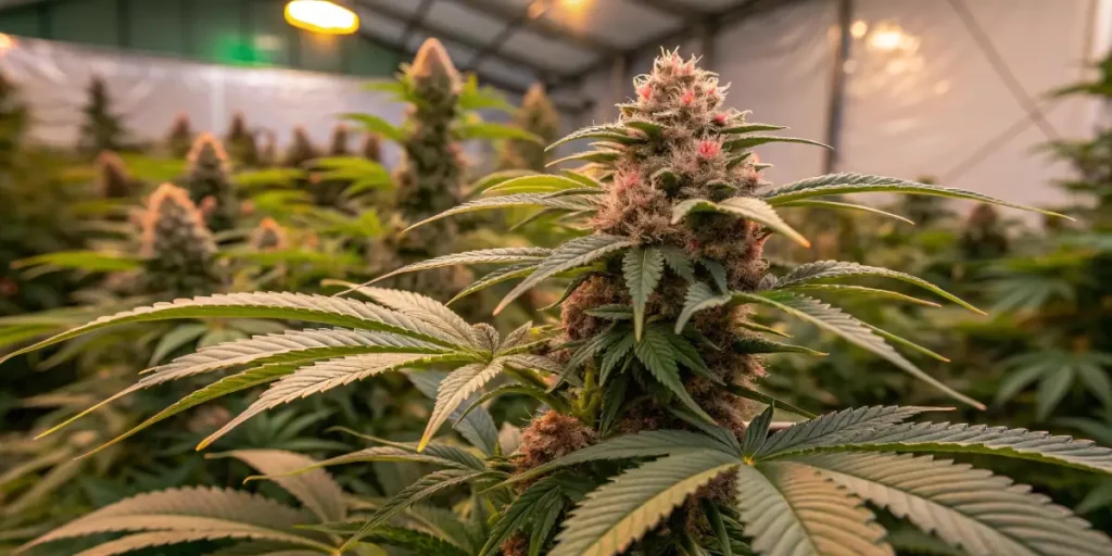 Cannabis plant in flowering stage with large buds, surrounded by vibrant green leaves, under artificial grow lights.