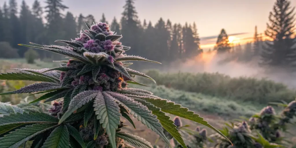 Cannabis plant in purple hues during the flowering phase, with morning mist and sunrise in the background.