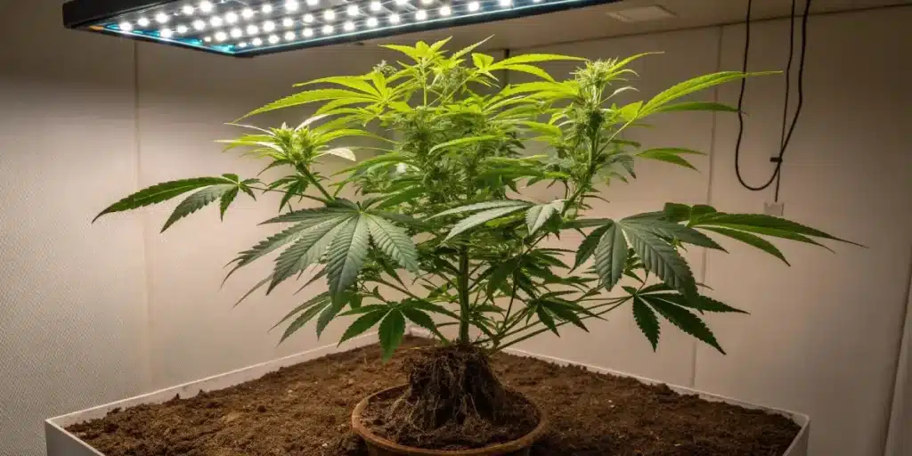 Cannabis plant in the vegetative stage, growing under LED lights in a controlled indoor environment.