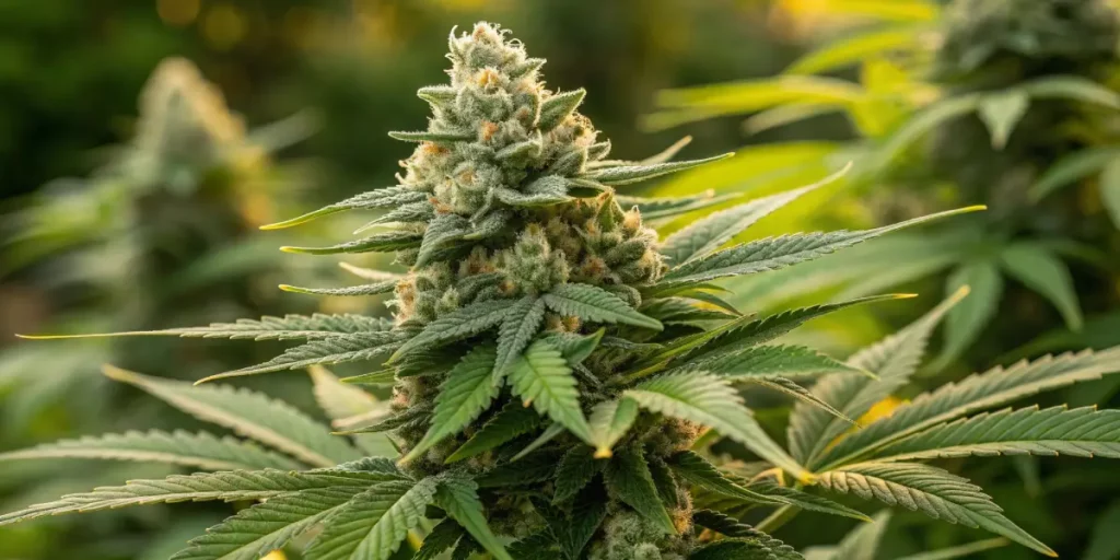 Close-up of cannabis bud with orange pistils and thick trichomes, showing its peak development.