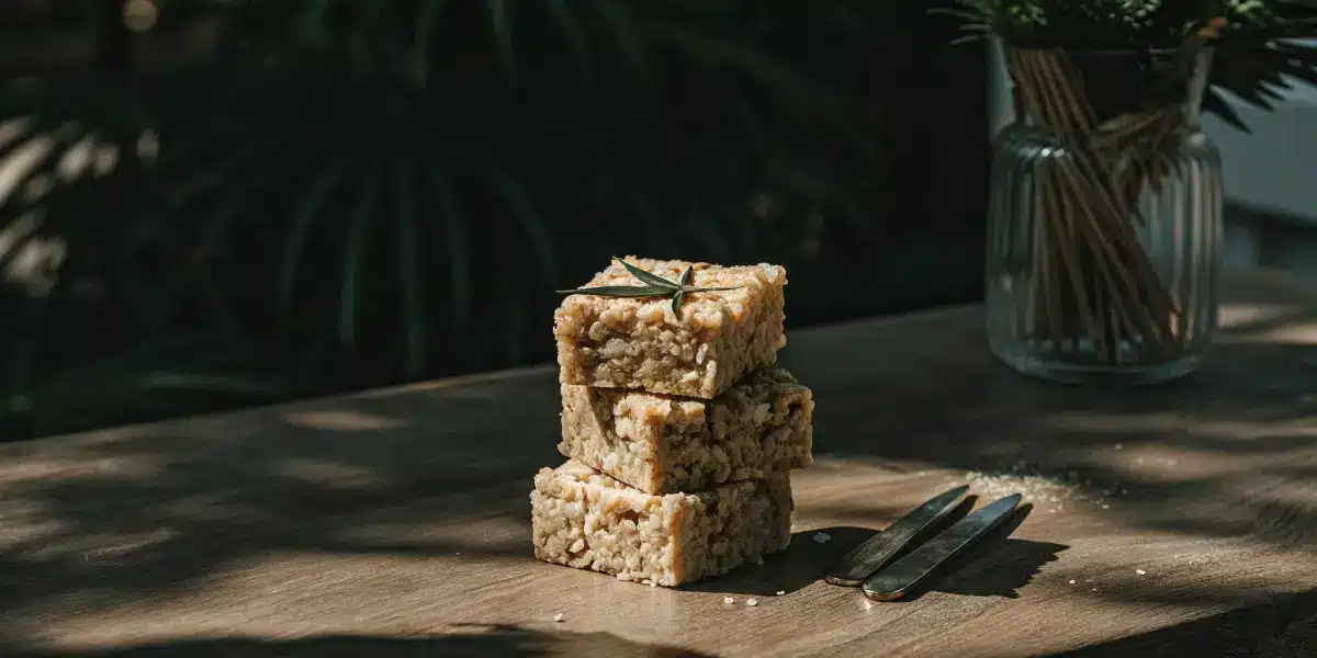 Stack of cannabis rice crispy edibles on a wooden table with soft natural shadows.