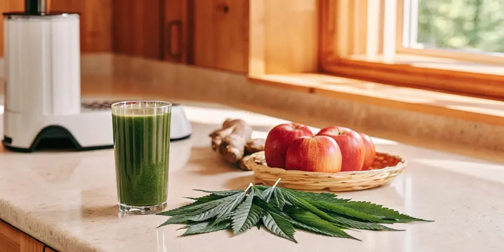 Cannabis smoothie with apples and ginger in sunlit wooden kitchen